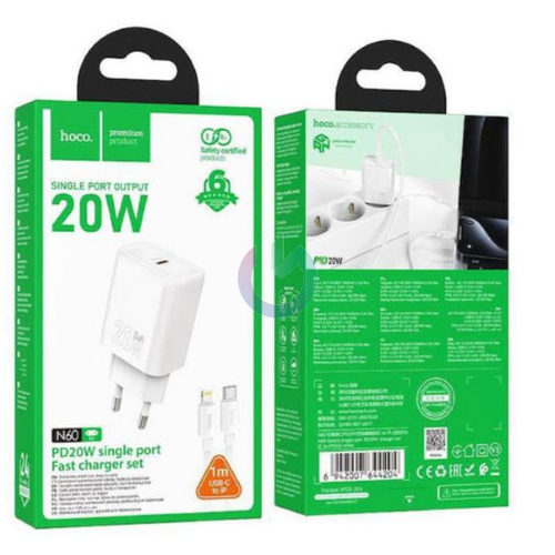 CARICATORE ALIMENTATORE HOCO TYPE-C 20W + CAVO TYPE-C A BIANCO LIGHTNING N60