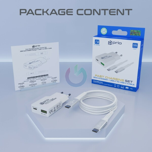 CARICATORE ALIMENTATORE PRIO FAST CHARGE 30W ENTRATA DOPPIA (USB A - TYPE-C ) + CAVO TYPE C - TYPE C BIANCO 