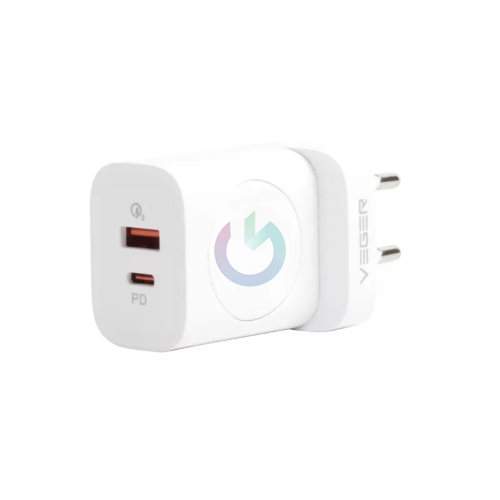 VEGER - CARICATORE ALIMENTATORE 25W DOPPIA ENTRATA USB - TYPE C + RICARICA WIRELESS PER APPLE WATCH 