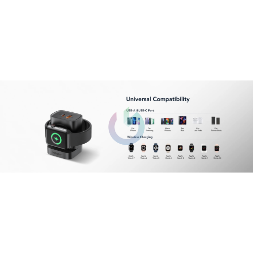 VEGER - CARICATORE ALIMENTATORE 25W DOPPIA ENTRATA USB - TYPE C + RICARICA WIRELESS PER APPLE WATCH 