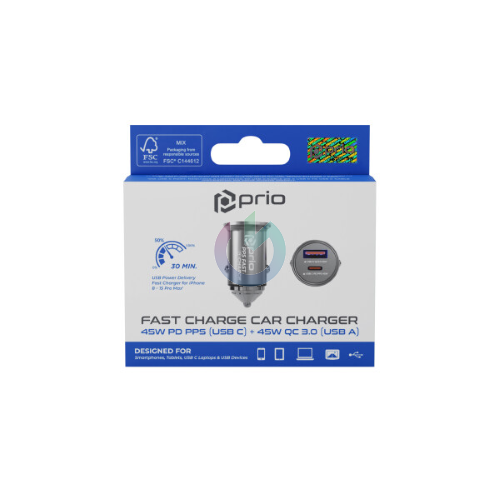 CARICATORE ALIMENTATORE PRIO DA AUTO TYPE-C E USB A 45W FAST CHARGE SILVER