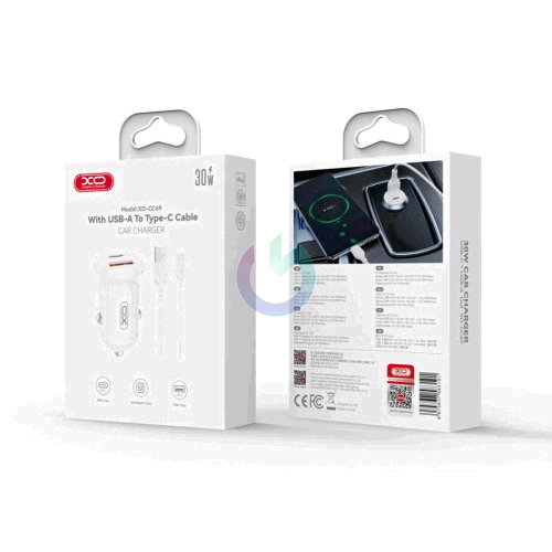 CARICATORE ALIMENTATORE XO FAST CHARGE DA AUTO ENTRATA DOPPIA TYPE-C USB-A + CAVO TYPE-C 30W BIANCO 