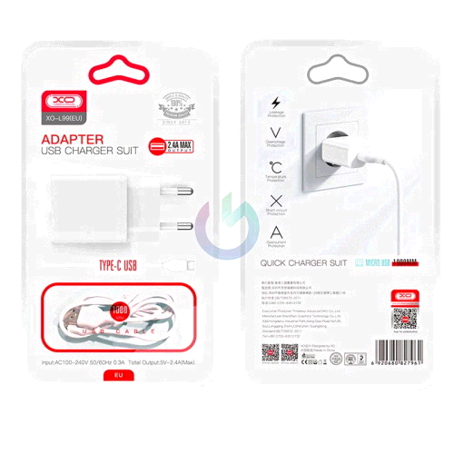 CARICATORE ALIMENTATORE XO 12W USB-A + CAVO TYPE-C BIANCO 