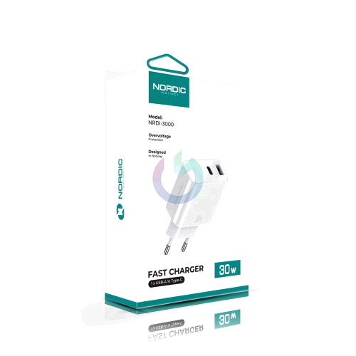 CARICATORE ALIMENTATORE NORDIC ENTRATA DOPPIA TYPE-C - USB-A 30W BIANCO 