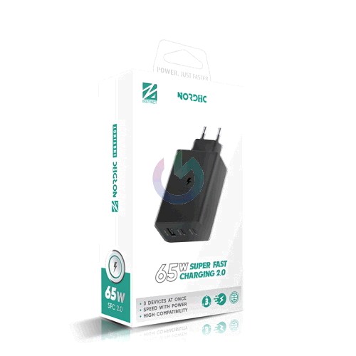 CARICATORE ALIMENTATORE NORDIC ENTRATA TRIPLA TYPE-C - USB-A 65W NERO 