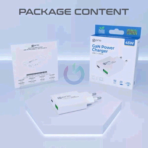 CARICATORE ALIMENTATORE PRIO GAN FAST CHARGE 45W ENTRATA DOPPIA (USB A - TYPE-C ) BIANCO PWC-1312