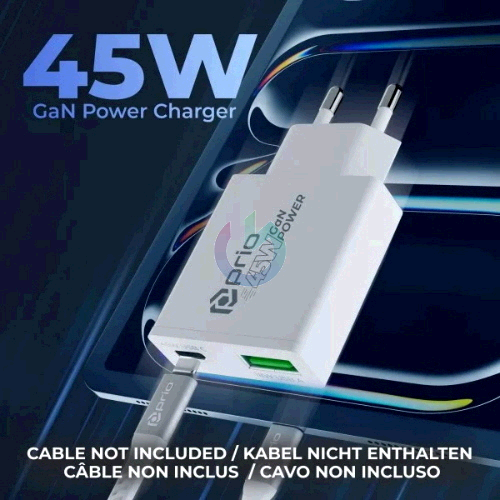 CARICATORE ALIMENTATORE PRIO GAN FAST CHARGE 45W ENTRATA DOPPIA (USB A - TYPE-C ) BIANCO PWC-1312