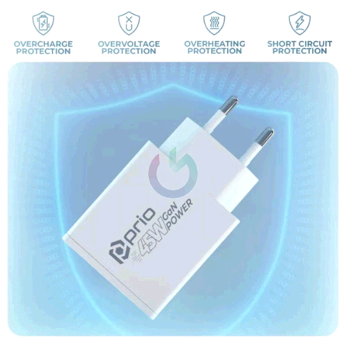 CARICATORE ALIMENTATORE PRIO GAN FAST CHARGE 45W ENTRATA DOPPIA (USB A - TYPE-C ) BIANCO PWC-1312
