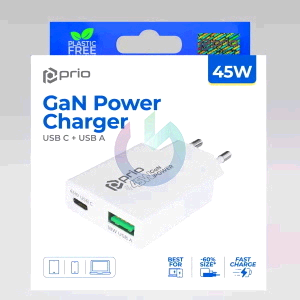 CARICATORE ALIMENTATORE PRIO GAN FAST CHARGE 45W ENTRATA DOPPIA (USB A - TYPE-C ) BIANCO PWC-1312