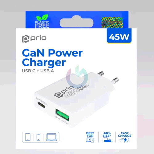CARICATORE ALIMENTATORE PRIO GAN FAST CHARGE 45W ENTRATA DOPPIA (USB A - TYPE-C ) BIANCO PWC-1312