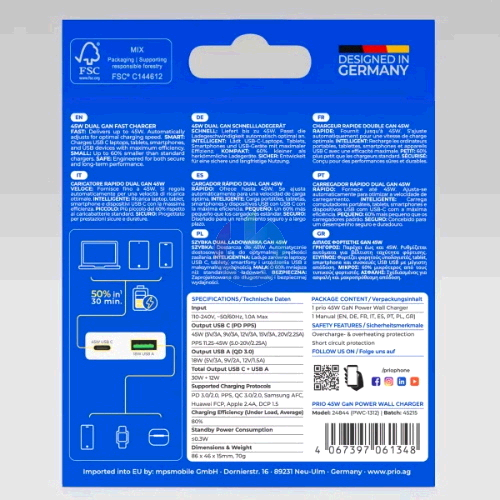 CARICATORE ALIMENTATORE PRIO GAN FAST CHARGE 45W ENTRATA DOPPIA (USB A - TYPE-C ) BIANCO PWC-1312