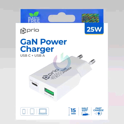 CARICATORE ALIMENTATORE PRIO FAST CHARGE 25W ENTRATA DOPPIA (USB A - TYPE-C )  BIANCO PWC-1204
