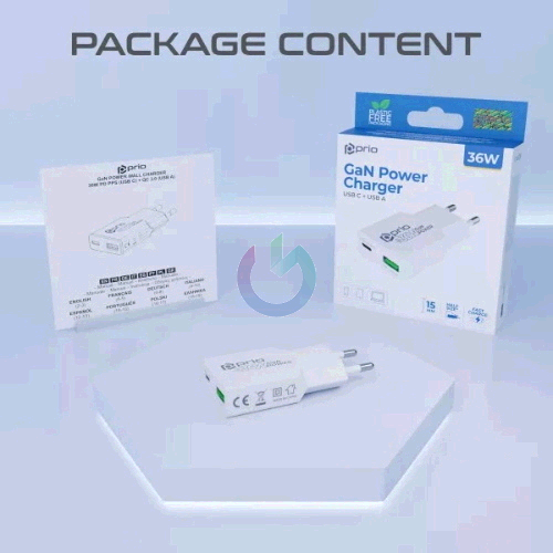 CARICATORE ALIMENTATORE PRIO FAST CHARGE 36W ENTRATA DOPPIA (USB A - TYPE-C ) BIANCO 