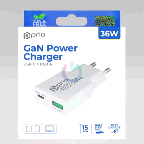 CARICATORE ALIMENTATORE PRIO FAST CHARGE 36W ENTRATA DOPPIA (USB A - TYPE-C ) BIANCO 