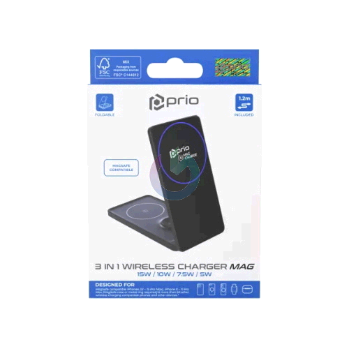 PRIO 15W CARICATORE WIRELESS MAGSAFE 3 IN 1 IPHONE - APPLE WATCH - AIRPODS NERO