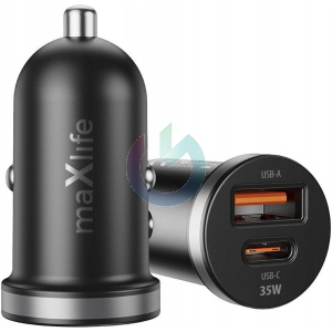 CARICATORE ALIMENTATORE MAXLIFE DA AUTO DOPPIO INGRESSO (TYPE-C USB-A) NERO 35W