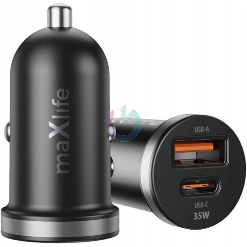 CARICATORE ALIMENTATORE MAXLIFE DA AUTO DOPPIO INGRESSO (TYPE-C USB-A) NERO 35W